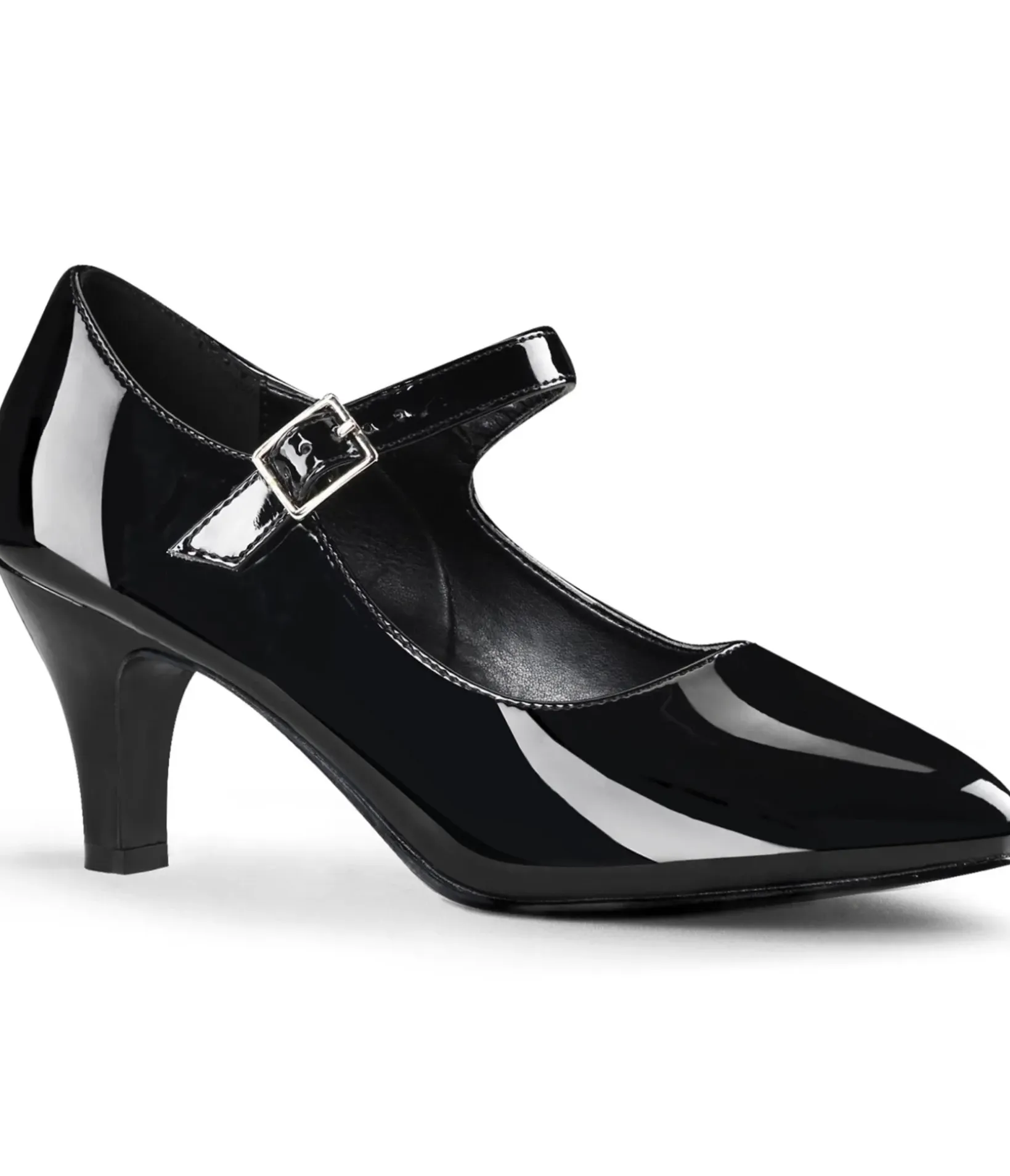 Unique Vintage Heels>Black Patent Leatherette Pointed Toe Mary Jane Heels