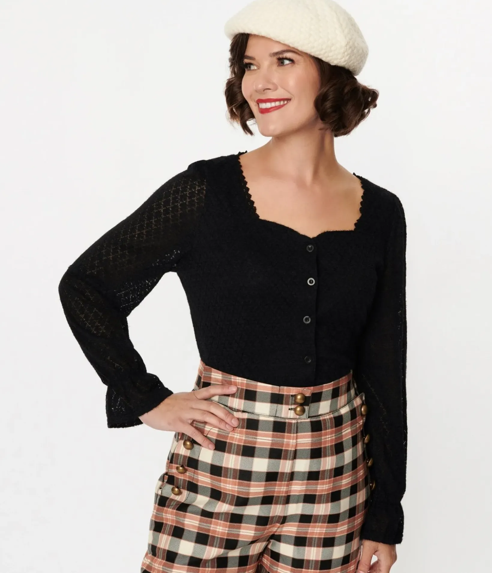 Unique Vintage Sweaters & Cardigans|Work Wear>Black Perforated Diamond Knit Cardigan