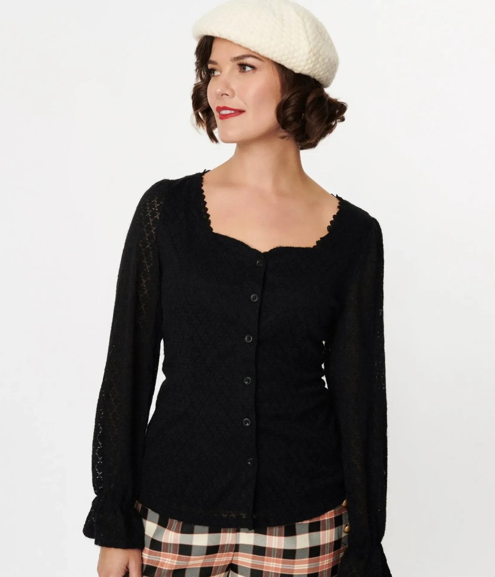 Unique Vintage Sweaters & Cardigans|Work Wear>Black Perforated Diamond Knit Cardigan