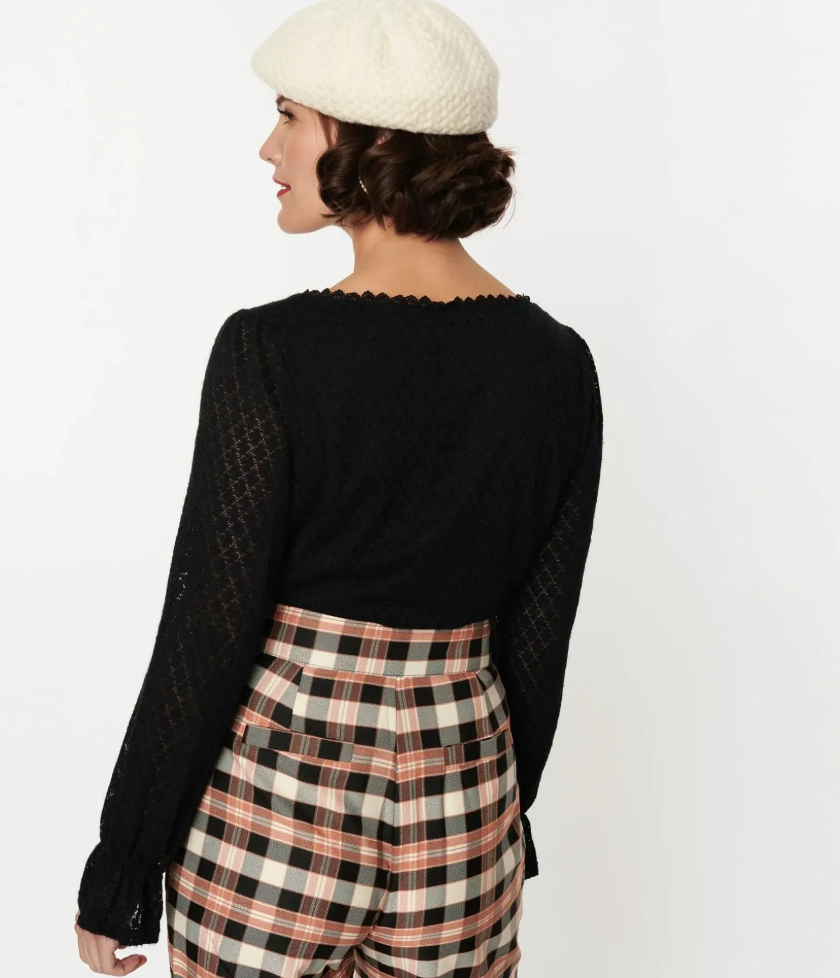 Unique Vintage Sweaters & Cardigans|Work Wear>Black Perforated Diamond Knit Cardigan