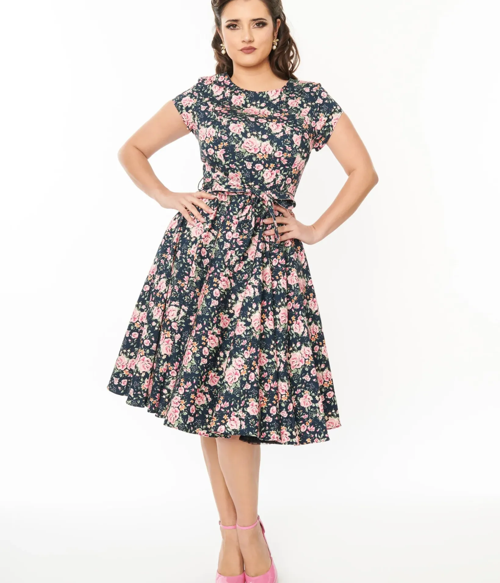 Unique Vintage Swing|Fit & Flare>Black & Pink Floral Cleo Swing Dress