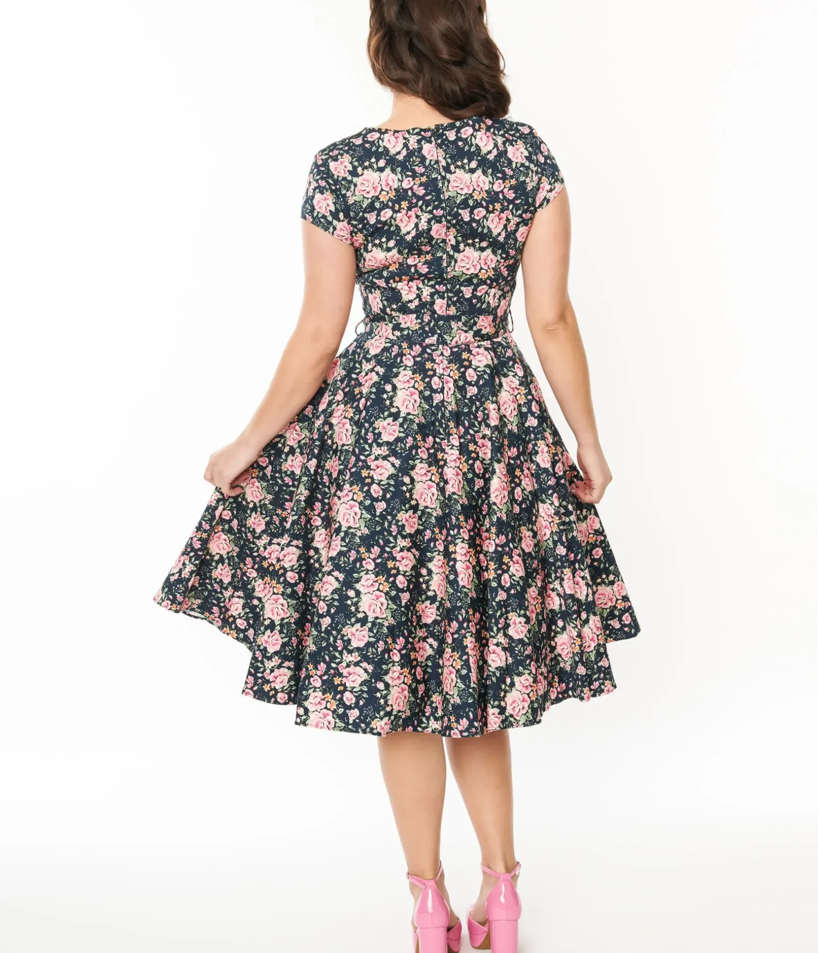 Unique Vintage Swing|Fit & Flare>Black & Pink Floral Cleo Swing Dress