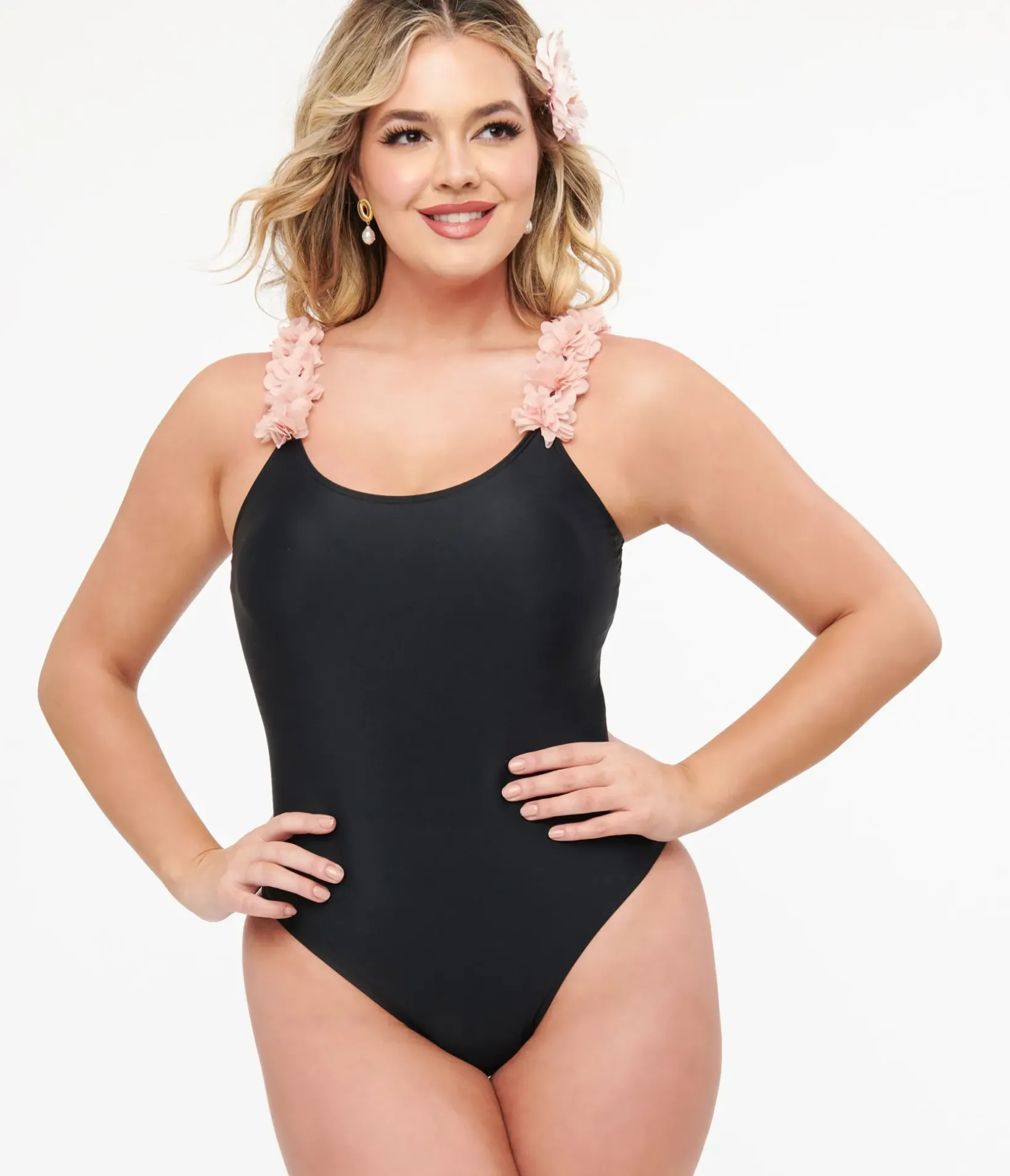 Unique Vintage One Piece Swim|All Things Pink>Black & Pink Flower One Piece Swimsuit