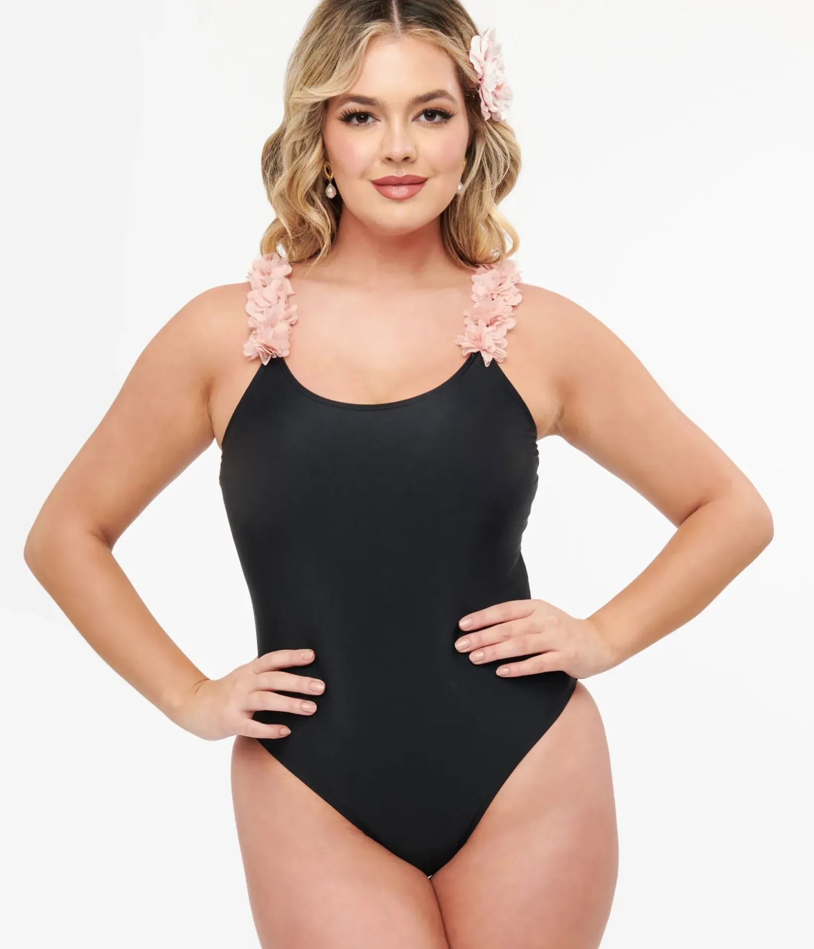 Unique Vintage One Piece Swim|All Things Pink>Black & Pink Flower One Piece Swimsuit