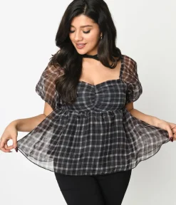 Unique Vintage Blouses>Black Plaid Babydoll Blouse