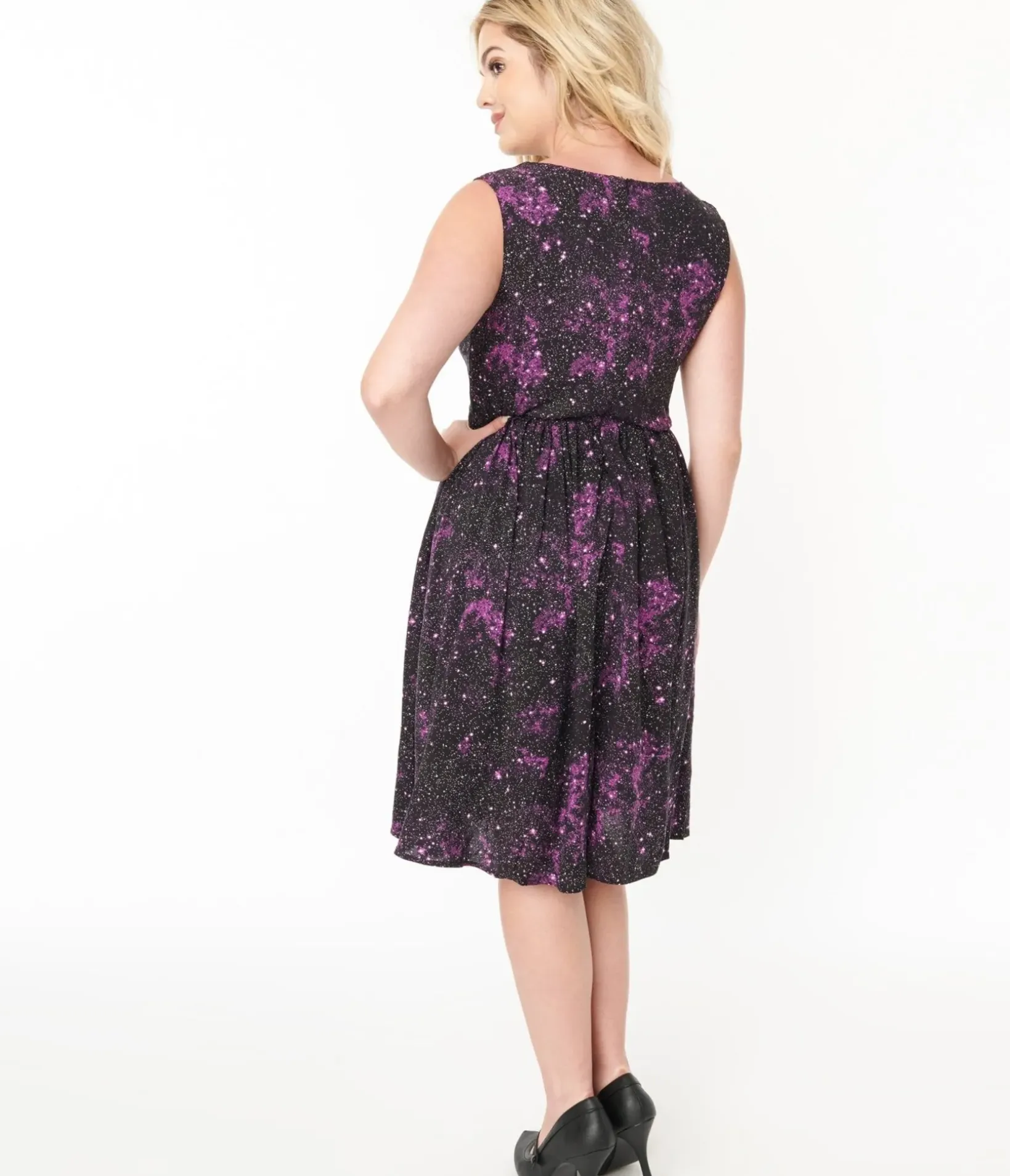 Unique Vintage Fit & Flare|Pocket Dresses>Black & Purple Celestial Swing Dress