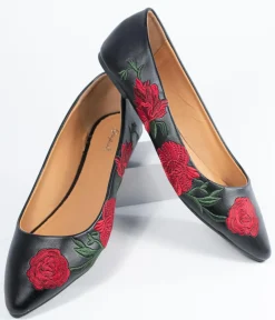 Unique Vintage Flats>Black & Red Embroidered Florals Leatherette Flats