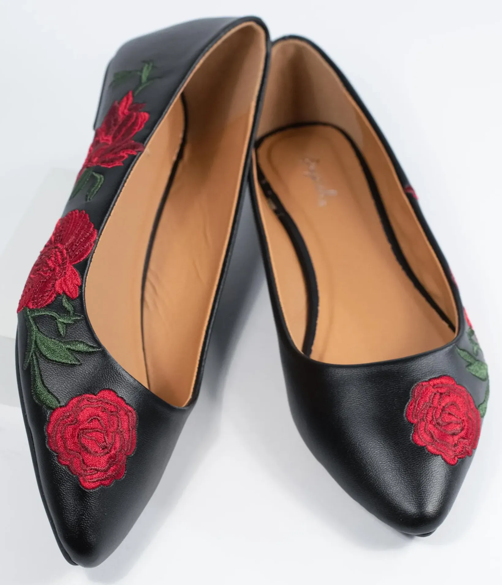 Unique Vintage Flats>Black & Red Embroidered Florals Leatherette Flats