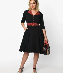 Unique Vintage Swing|Pocket Dresses>Black & Red Leopard Accent Lynette Swing Dress