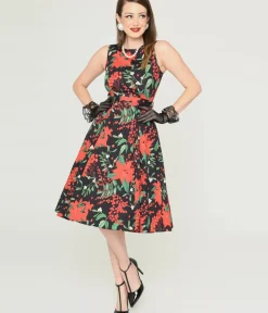 Unique Vintage Swing|Pocket Dresses>Black & Red Poinsettia Swing Dress