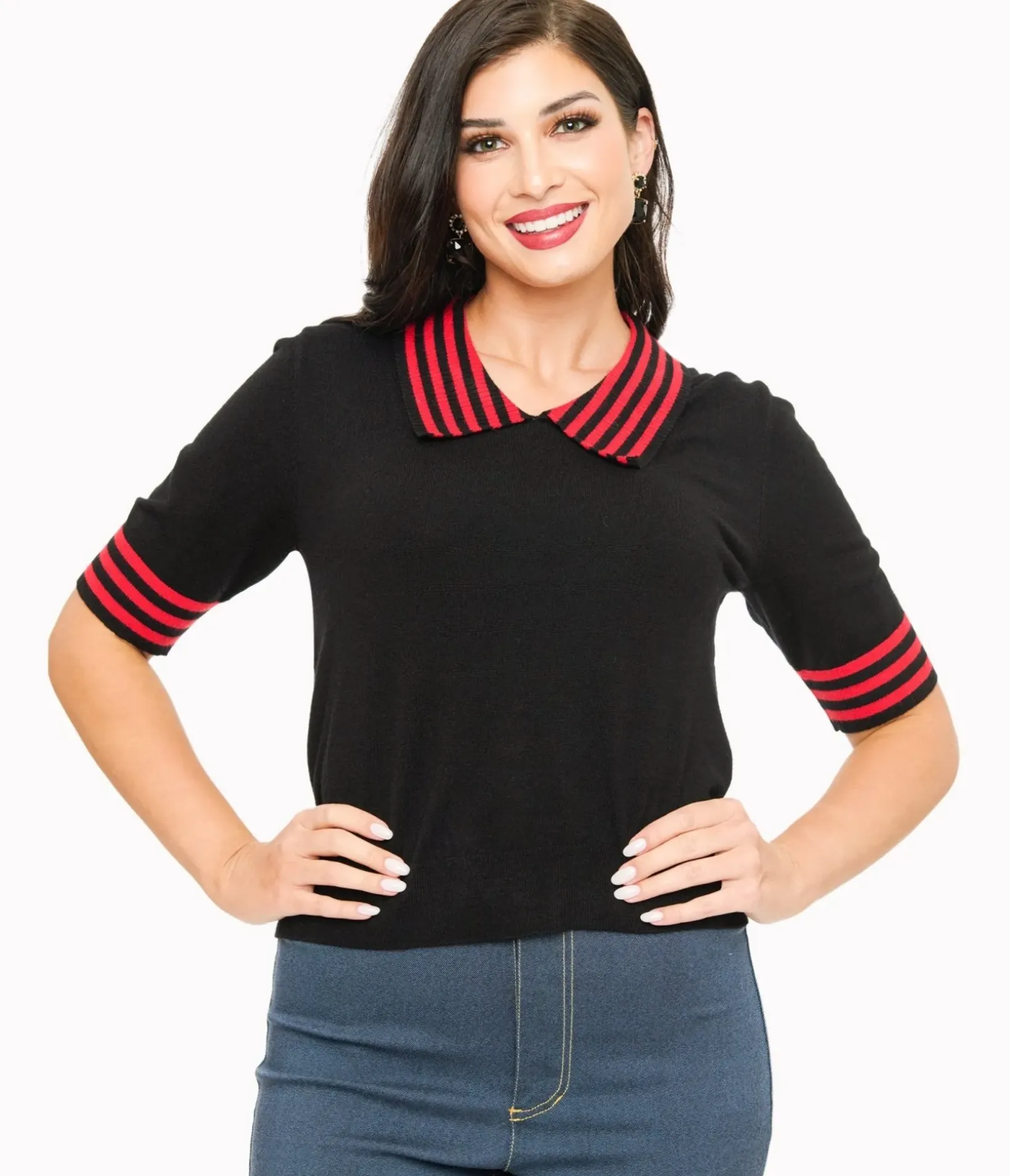 Unique Vintage Sweaters & Cardigans|All Things Red>Black & Red Striped Collar Knit Sweater