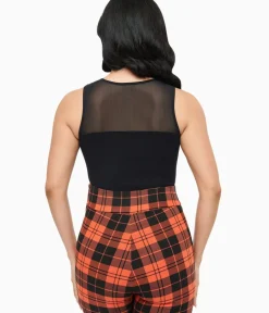 Unique Vintage All Things Black>Black Ribbed Bodysuit With Mesh Neckline