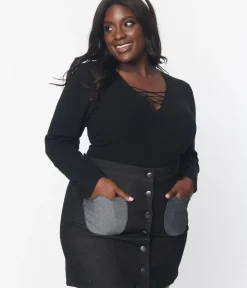 Unique Vintage Blouses|Blouses>Black Ribbed Sweater Bodysuit