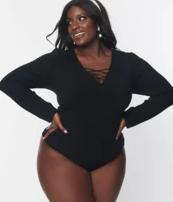 Unique Vintage Blouses|Blouses>Black Ribbed Sweater Bodysuit