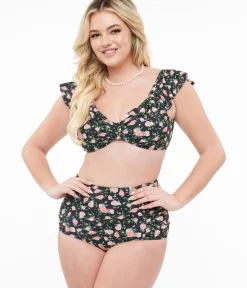 Unique Vintage Two Piece Swim|Two Piece Swim>Black & Rose Print Two Piece Swim Set