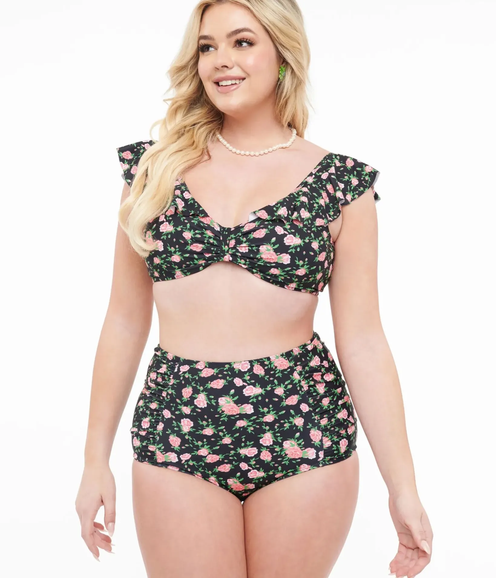 Unique Vintage Two Piece Swim|Two Piece Swim>Black & Rose Print Two Piece Swim Set