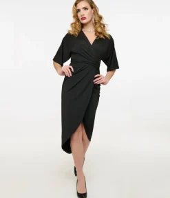 Unique Vintage Pencil|Everyday Dresses>Black Ruched Pencil Dress