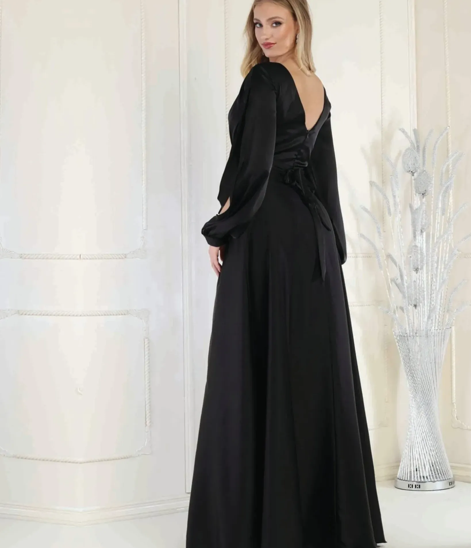 Unique Vintage Special Occasion|Prom Dresses>Black Satin Long Sleeve Goddess Gown