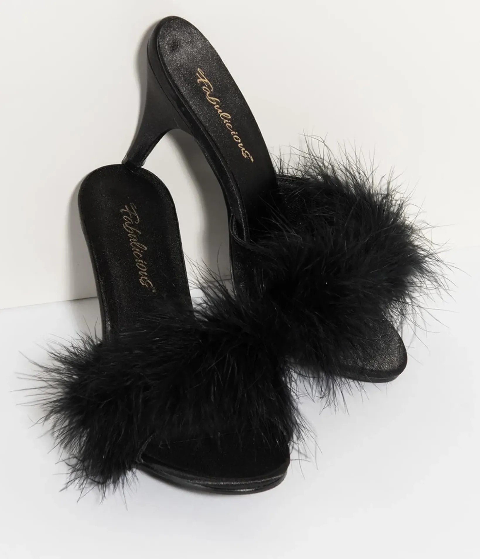 Unique Vintage Special Occasion|Heels>Black Satin & Marabou Feather Peep Toe Amour Heel Slipper