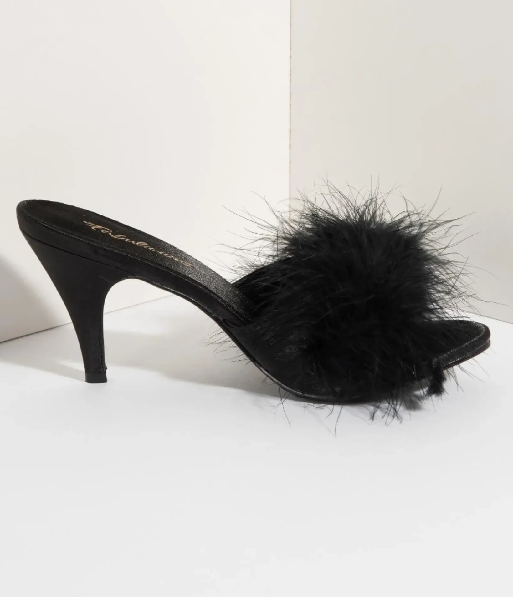 Unique Vintage Special Occasion|Heels>Black Satin & Marabou Feather Peep Toe Amour Heel Slipper
