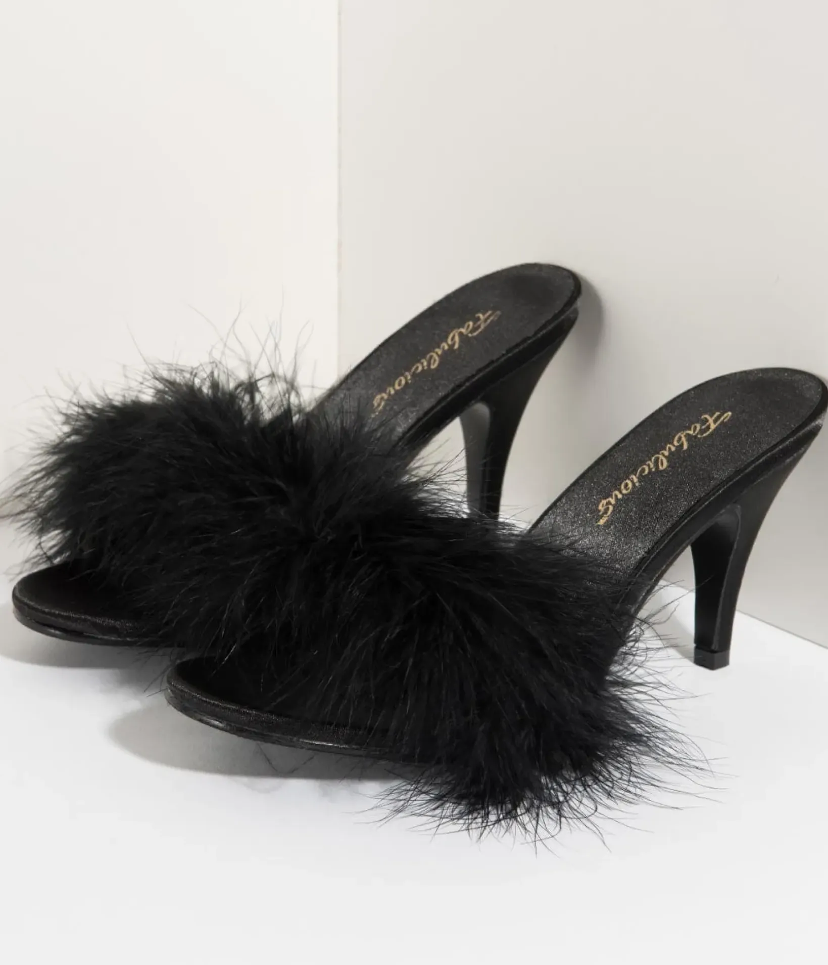Unique Vintage Special Occasion|Heels>Black Satin & Marabou Feather Peep Toe Amour Heel Slipper
