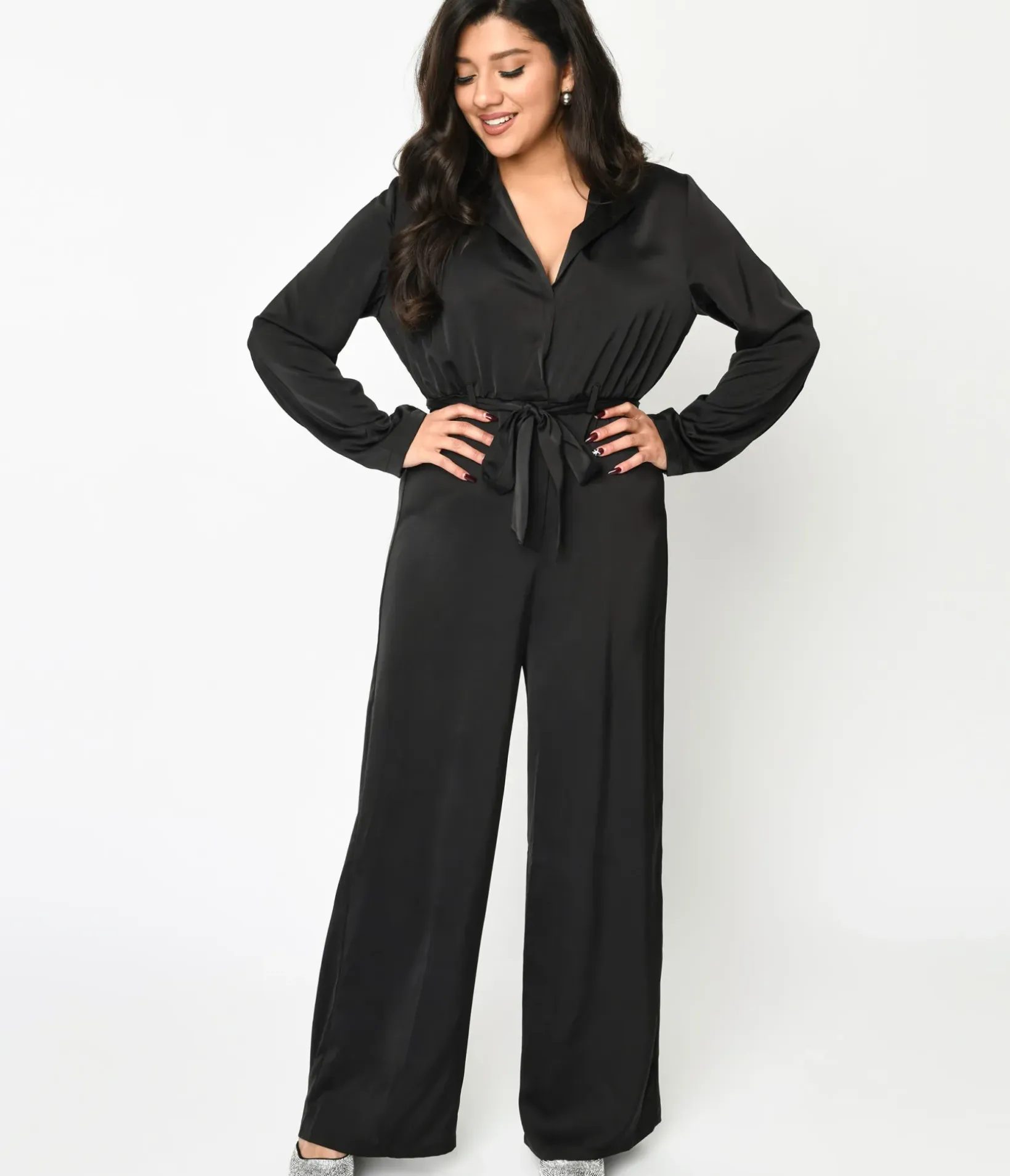 Unique Vintage Rompers & Jumpsuits|Rompers & Jumpsuits>Black Satin Tie Waist Jumpsuit