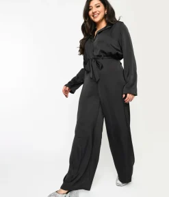 Unique Vintage Rompers & Jumpsuits|Rompers & Jumpsuits>Black Satin Tie Waist Jumpsuit