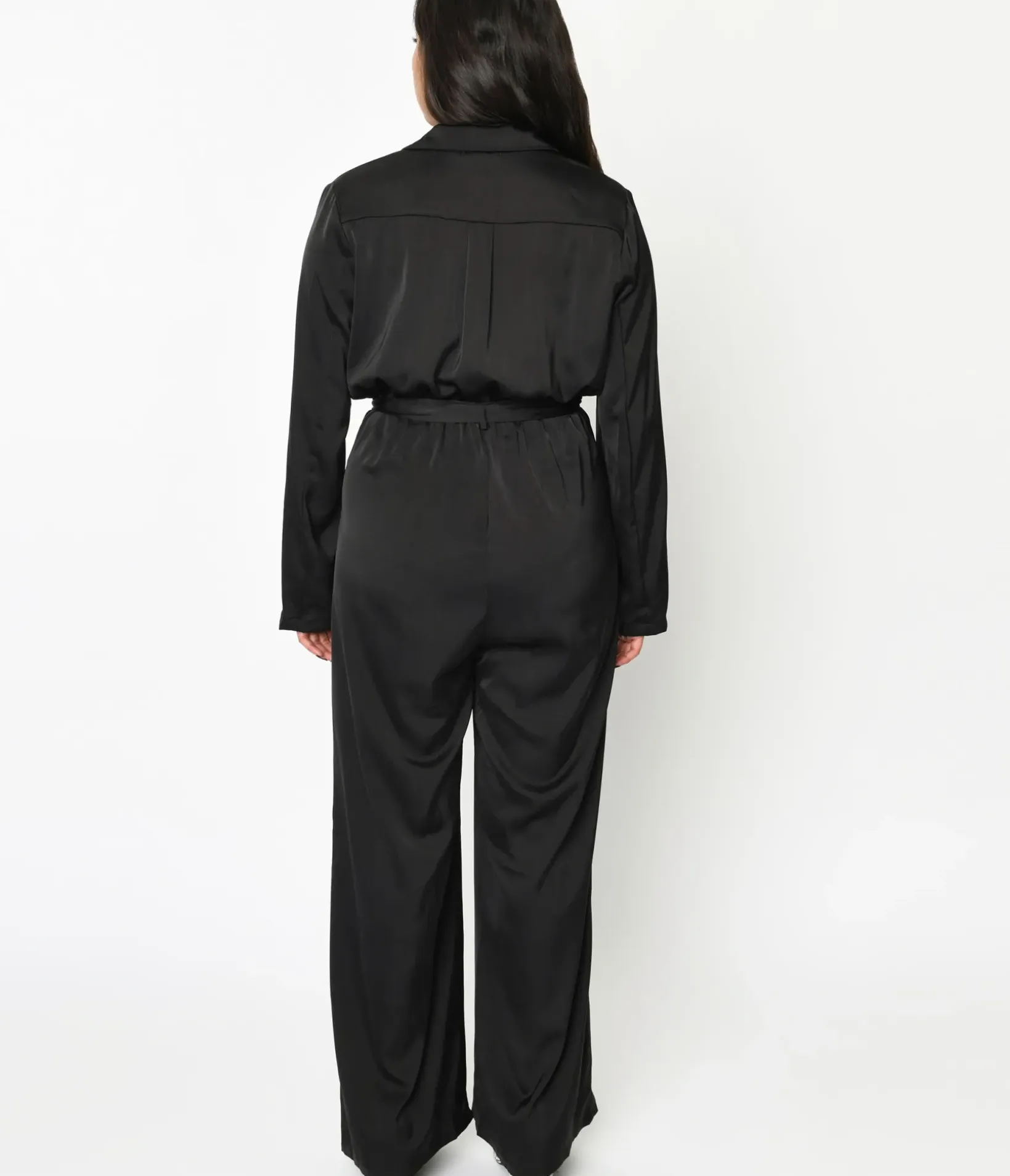 Unique Vintage Rompers & Jumpsuits|Rompers & Jumpsuits>Black Satin Tie Waist Jumpsuit