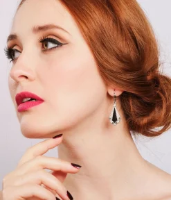 Unique Vintage Special Occasion|Flapper Accessories>Black & Silver Rhinestone Deco Earrings