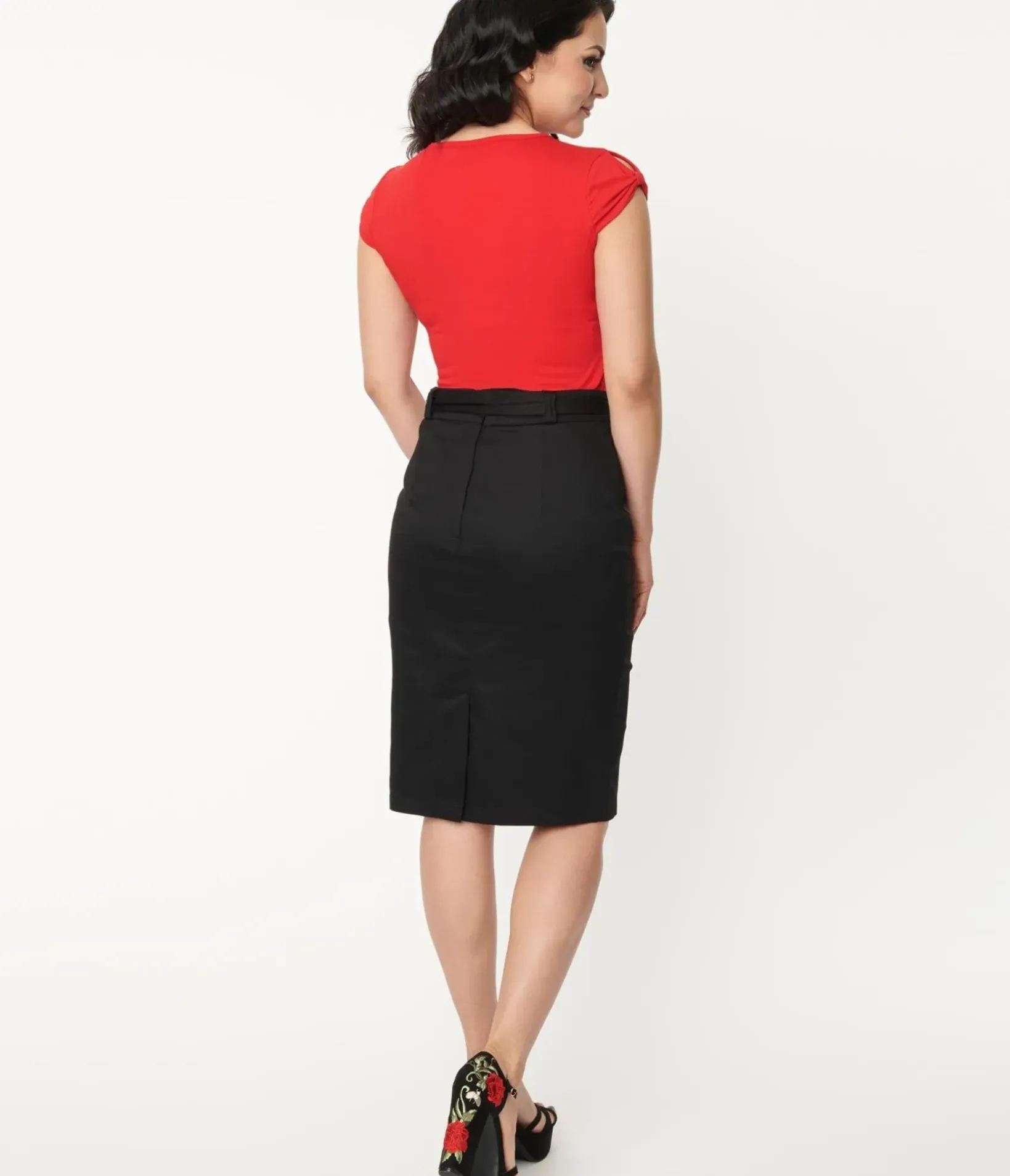 Unique Vintage All Things Black>Black & Spanish Rose Pencil Skirt