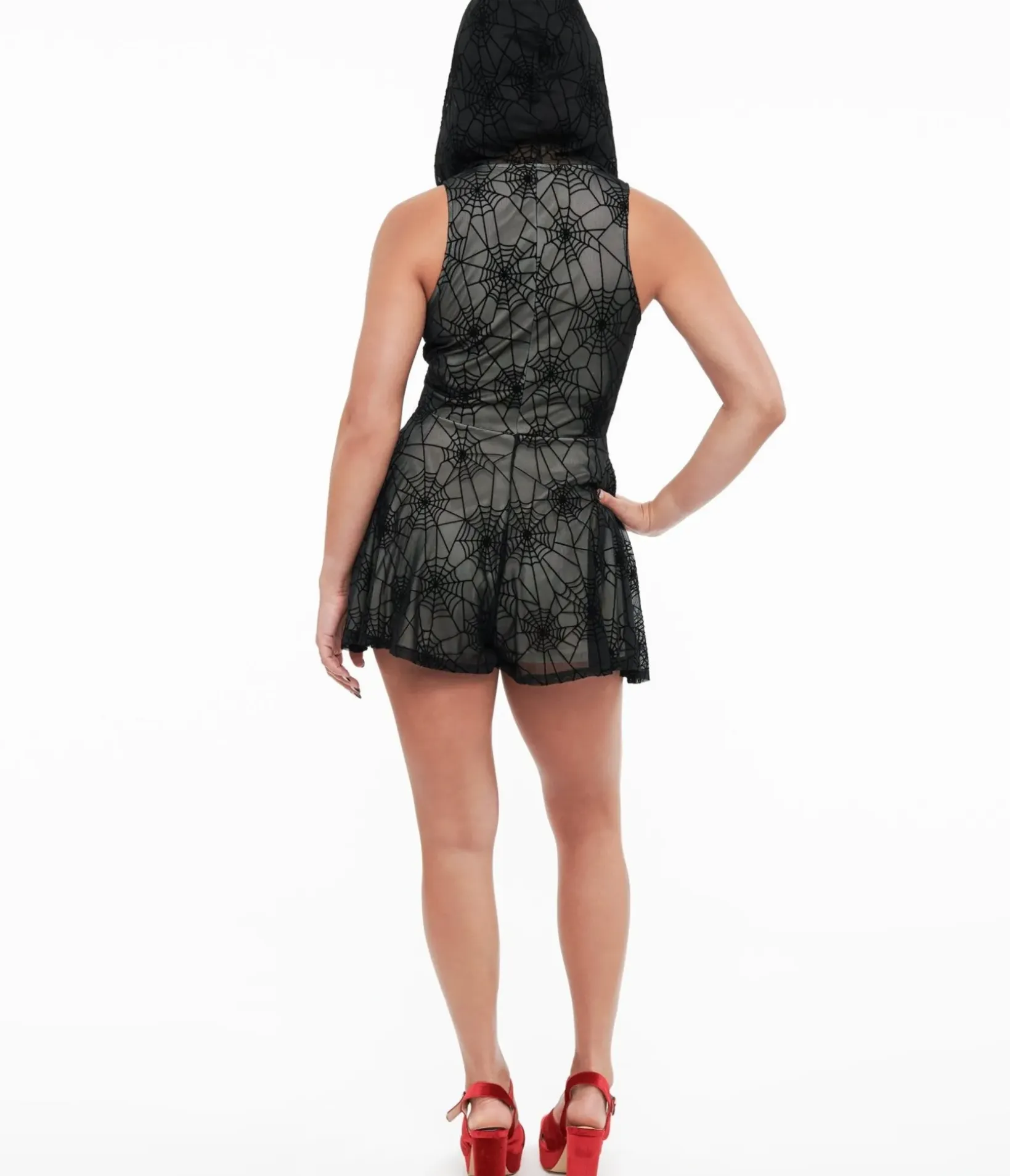 Unique Vintage Pocket Dresses|Rompers & Jumpsuits>Black Spider Web Design Hooded Romper