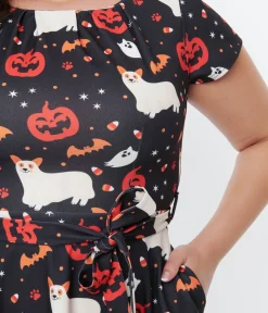 Unique Vintage Fit & Flare|Pocket Dresses>Black & Spooky Ghost Dog Flare Dress