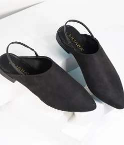 Unique Vintage Flats>Black Suede Pointed Toe Slingback Flats