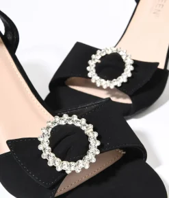 Unique Vintage Special Occasion|Heels>Black Suede & Silver Rhinestone Peep Toe Heels