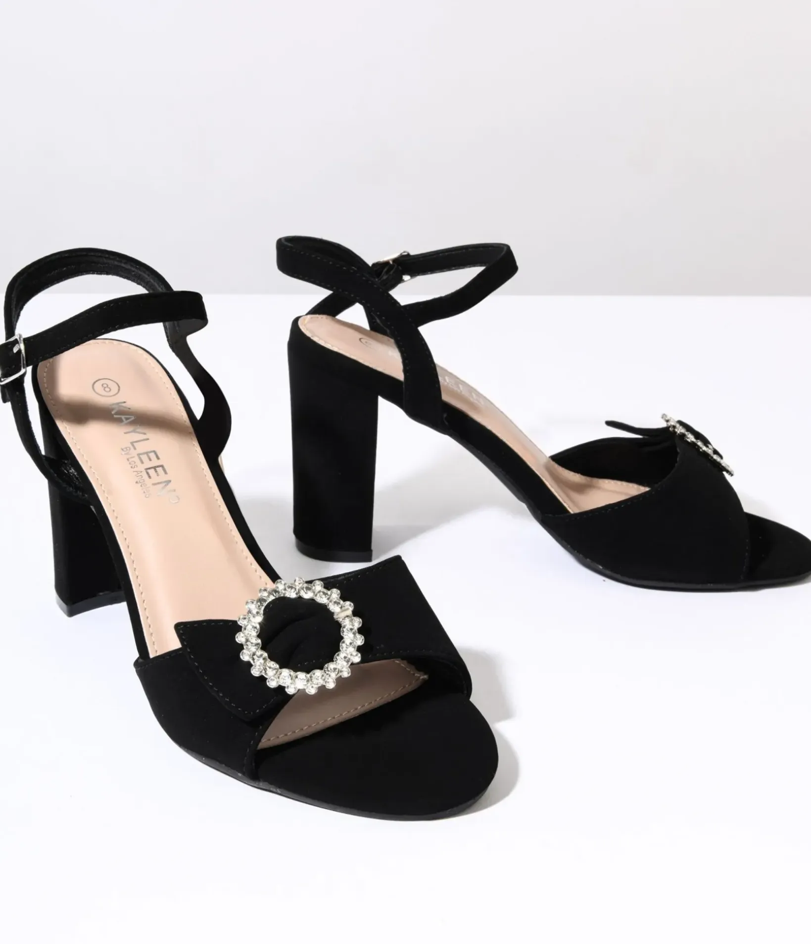 Unique Vintage Special Occasion|Heels>Black Suede & Silver Rhinestone Peep Toe Heels