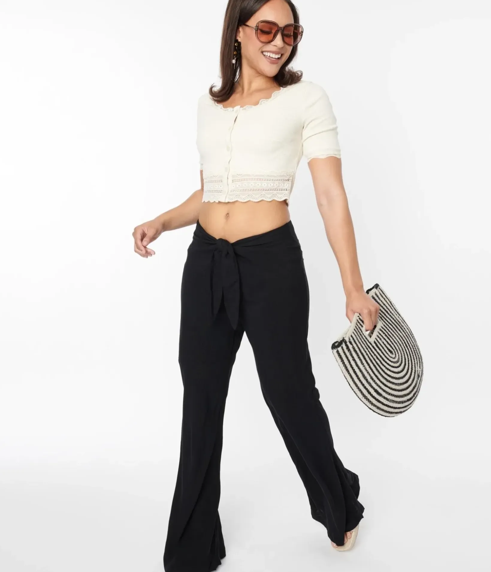 Unique Vintage Pants|Pants>Black Tie Front Flare Leg Pants