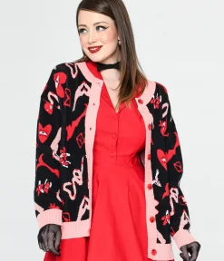 Unique Vintage Sweaters & Cardigans>Black & Valentines Print Long Cardigan