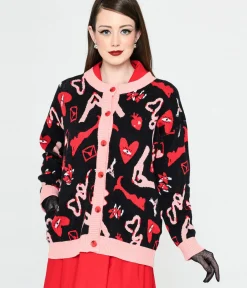 Unique Vintage Sweaters & Cardigans>Black & Valentines Print Long Cardigan