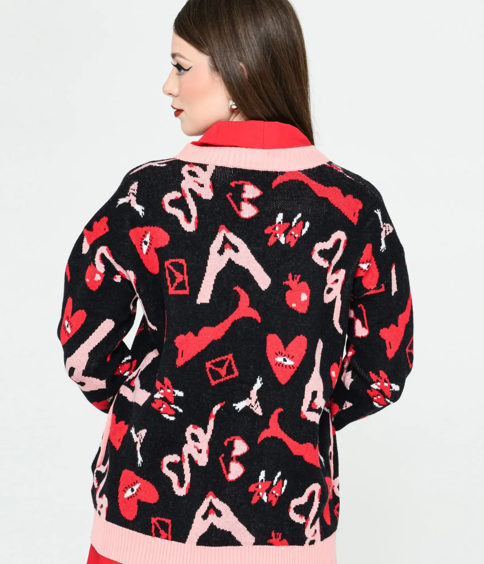 Unique Vintage Sweaters & Cardigans>Black & Valentines Print Long Cardigan