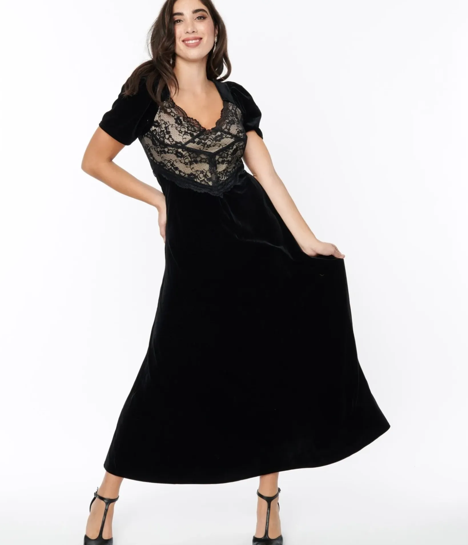 Unique Vintage Maxi|Midi & Maxi>Black Velvet & Cream Lace Maxi Dress