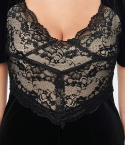 Unique Vintage Maxi|Midi & Maxi>Black Velvet & Cream Lace Maxi Dress