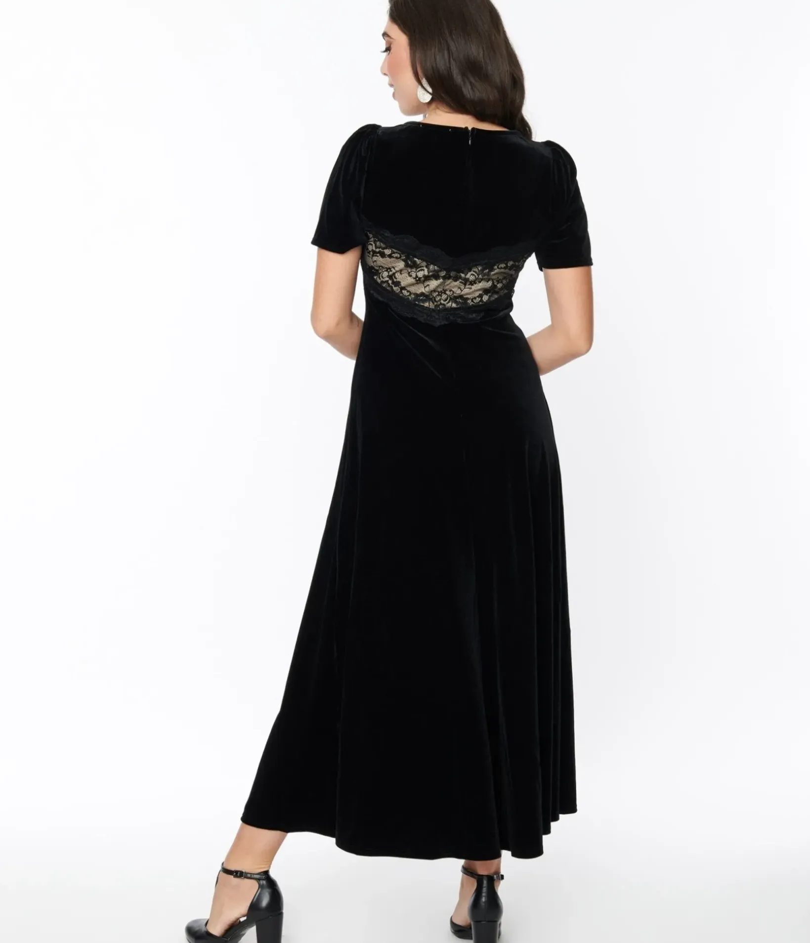 Unique Vintage Maxi|Midi & Maxi>Black Velvet & Cream Lace Maxi Dress