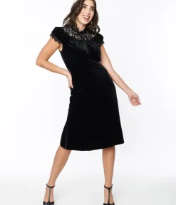 Unique Vintage Everyday Dresses>Black Velvet Lace Midi Shift Dress