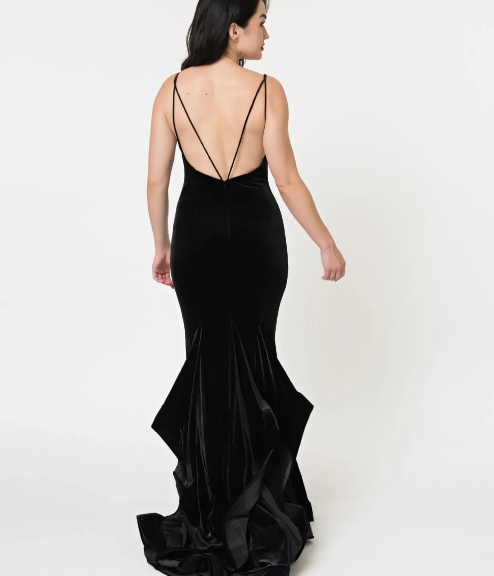 Unique Vintage Everyday Dresses|Special Occasion>Black Velvet Ruffled Mermaid Sexy Long Dress
