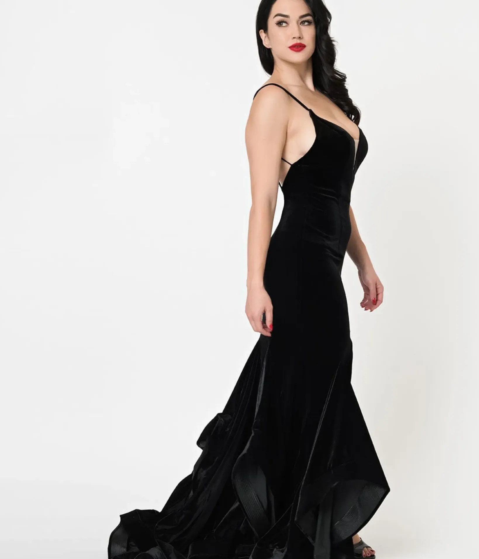 Unique Vintage Everyday Dresses|Special Occasion>Black Velvet Ruffled Mermaid Sexy Long Dress