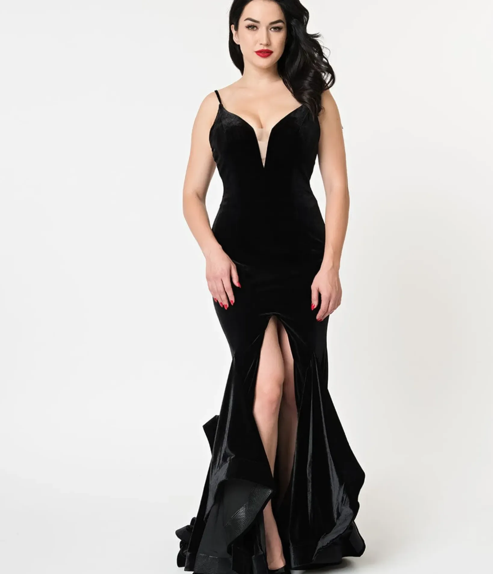 Unique Vintage Everyday Dresses|Special Occasion>Black Velvet Ruffled Mermaid Sexy Long Dress