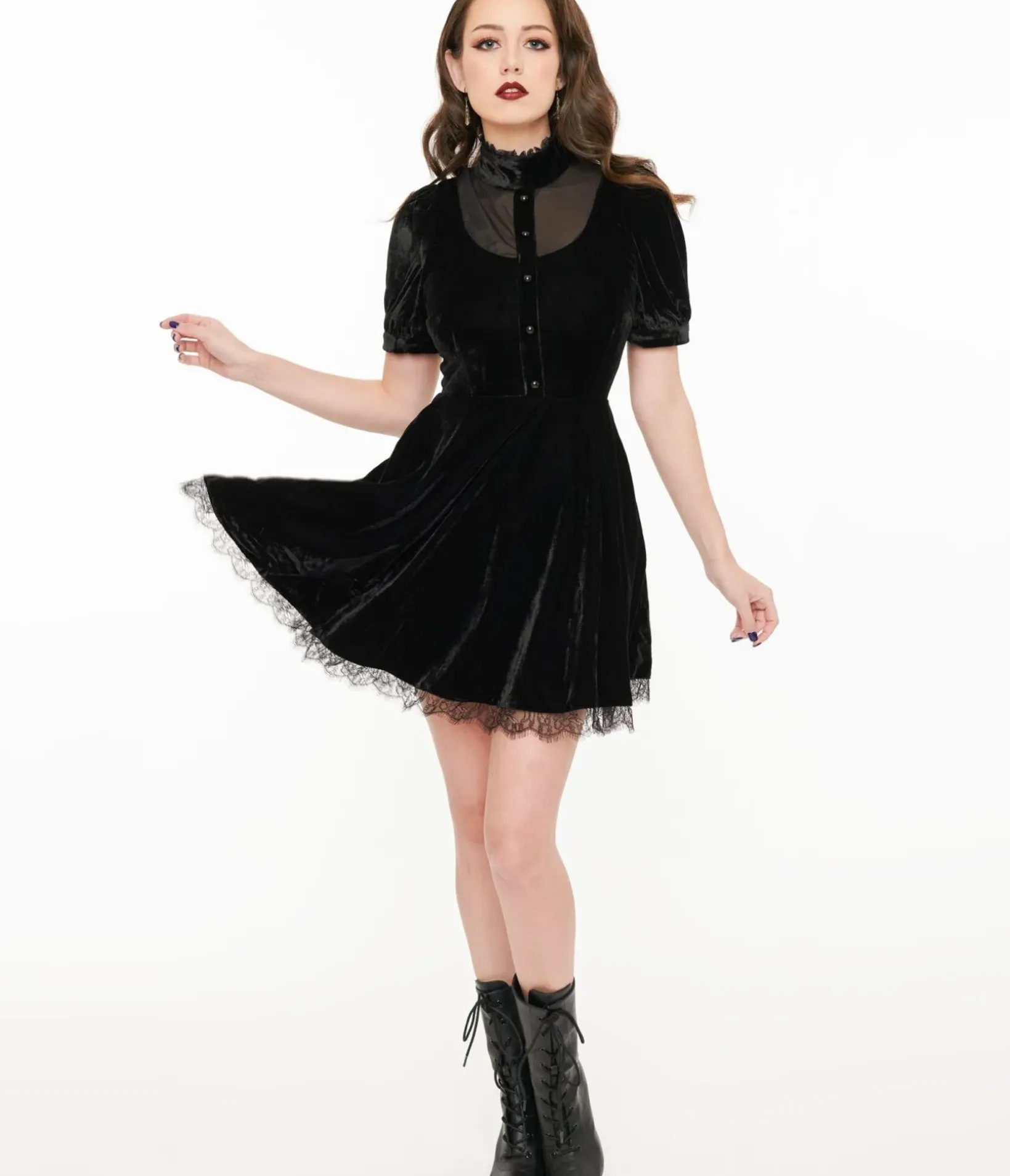Unique Vintage Fit & Flare|Fit & Flare>Black Velvet Victoria Goth Fit & Flare Dress