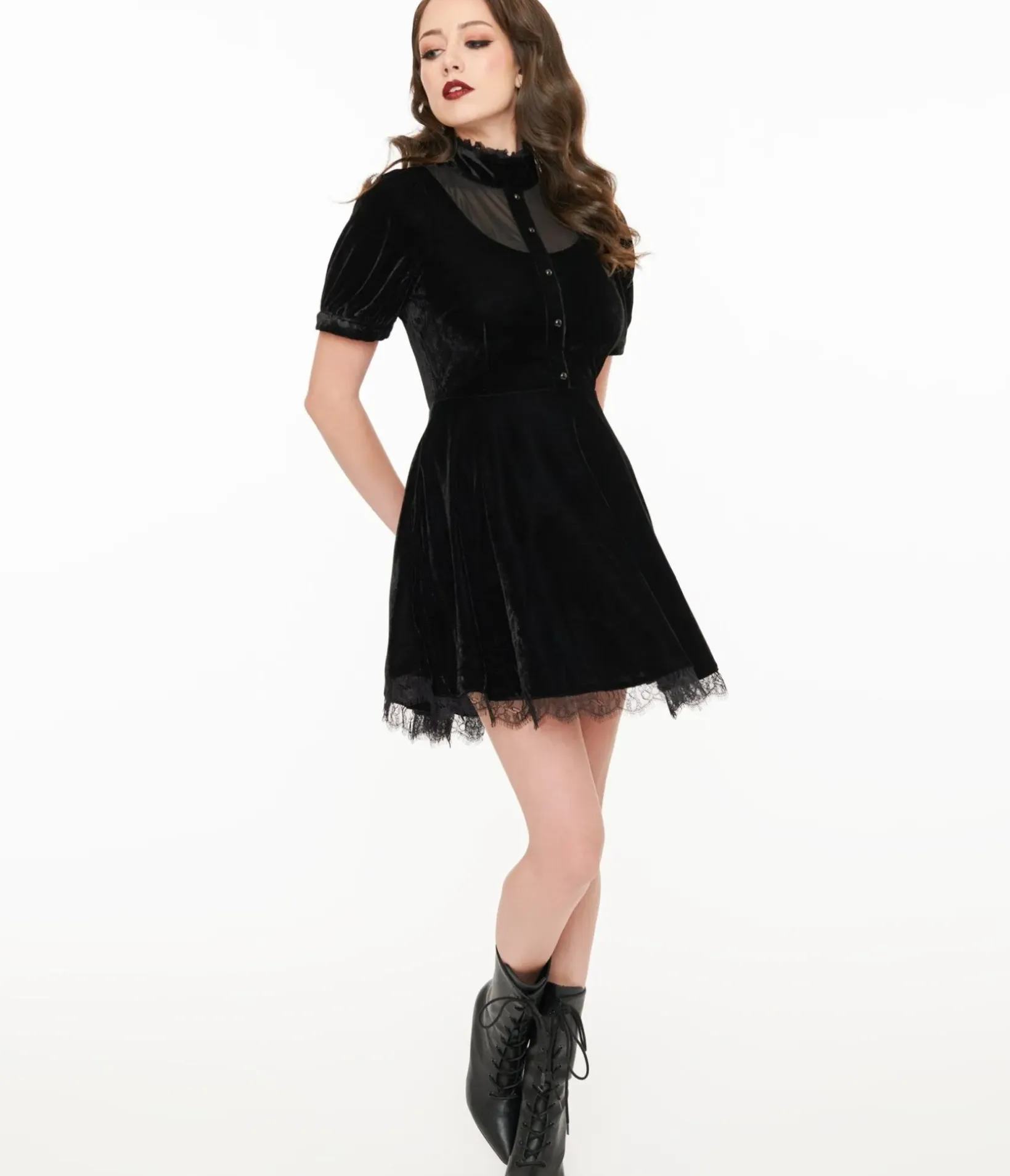 Unique Vintage Fit & Flare|Fit & Flare>Black Velvet Victoria Goth Fit & Flare Dress
