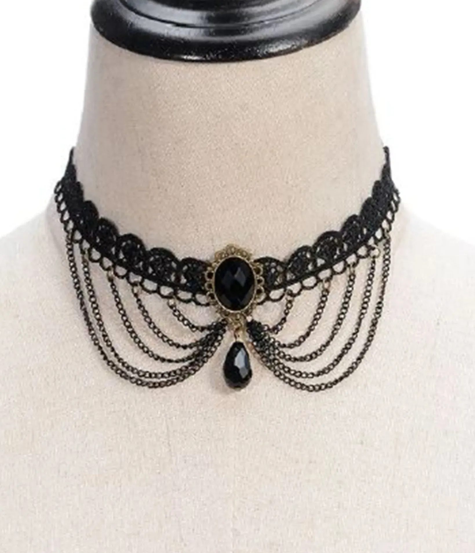 Unique Vintage All Things Black|Necklaces>Black Victorian Lace & Rhinestone Choker