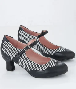 Unique Vintage Work Wear|Heels>Black & White Check Mary Jane Heels